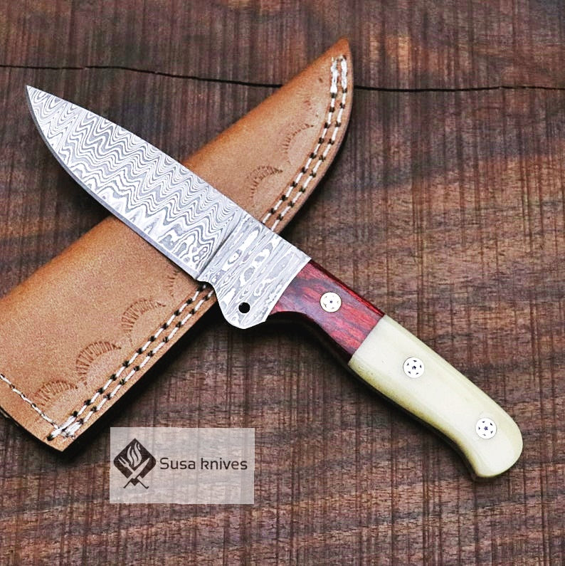 Damascus Bushcraft Knife with Camel Bone Scales - Camping, Survival, Unique Gift for Men, Gift for Dad, Christmas Gift for Him, EDC, Hiking - SUSA KNIVES