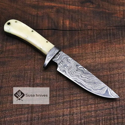 Damascus Bushcraft Knife with Camel Bone Scales - Hunting, Camping, Fixed Blade, Groomsmen, Anniversary Gift Men, Unique Knife, EDC, - SUSA KNIVES