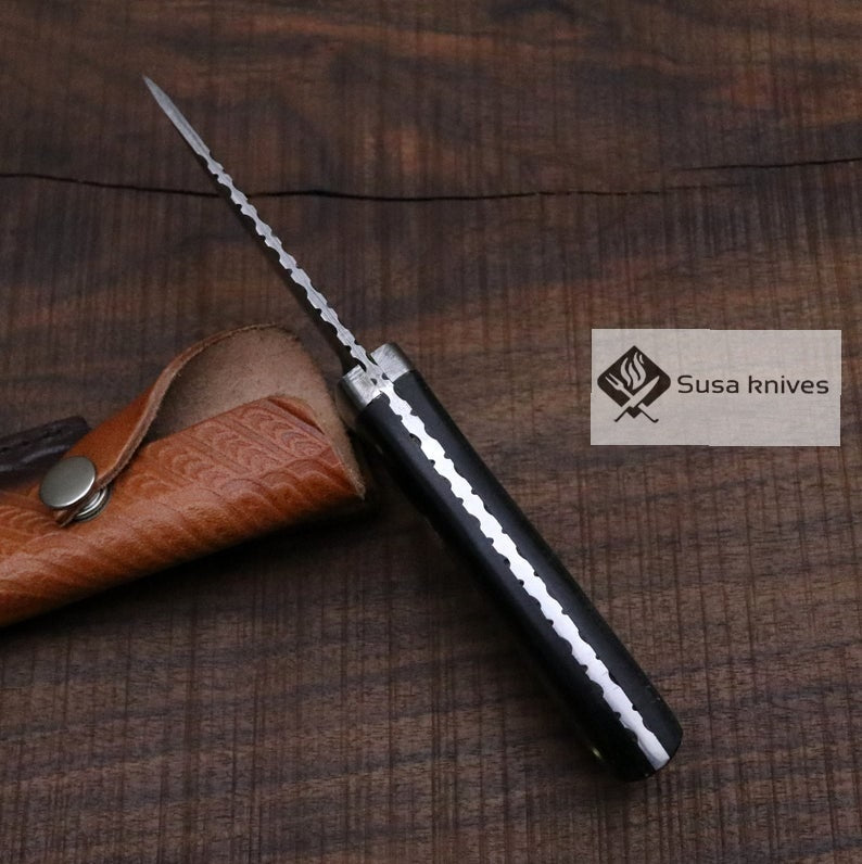 Damascus Bushcraft Knife with Black Micarta Scales - Hunting, Camping, Fixed Blade, Groomsmen, Anniversary Gift Men, Unique Knife, EDC, - SUSA KNIVES