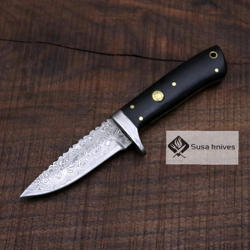 Damascus Bushcraft Knife with Black Micarta Scales - Hunting, Camping, Fixed Blade, Groomsmen, Anniversary Gift Men, Unique Knife, EDC, - SUSA KNIVES
