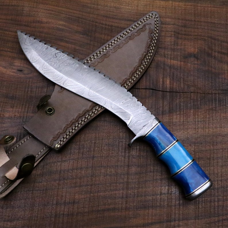 Seven seas Gurkha / Kukri Knife in Damascus Steel and Blue Dyed Camel Bone Handle - Camping / Machete / Hunting Knife / Unique Knife / Bowie - SUSA KNIVES