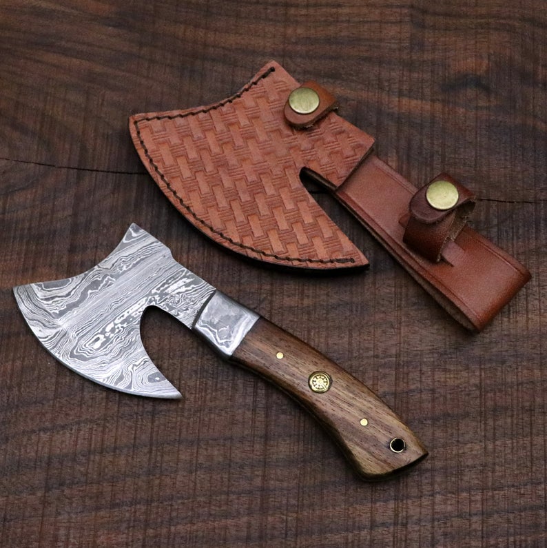 Damascus Hatchet Small Axe with Walnut Wood Handle. Camping / Hunting / Survival / Viking / Groomsmen Anniversary Gift for men - SUSA KNIVES