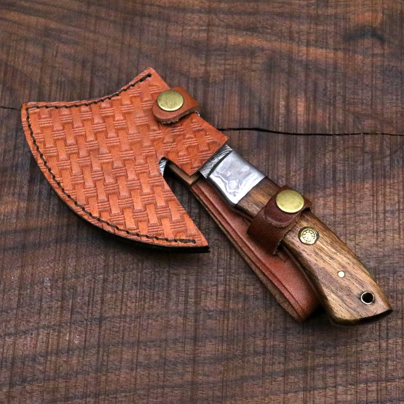 Damascus Hatchet Small Axe with Walnut Wood Handle. Camping / Hunting / Survival / Viking / Groomsmen Anniversary Gift for men - SUSA KNIVES