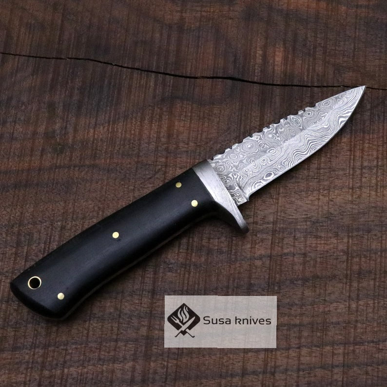 Damascus Bushcraft Knife with Black Micarta Scales - Hunting, Camping, Fixed Blade, Groomsmen, Anniversary Gift Men, Unique Knife, EDC, - SUSA KNIVES
