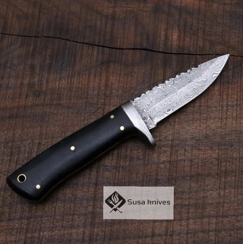 Damascus Bushcraft Knife with Black Micarta Scales - Hunting, Camping, Fixed Blade, Groomsmen, Anniversary Gift Men, Unique Knife, EDC, - SUSA KNIVES