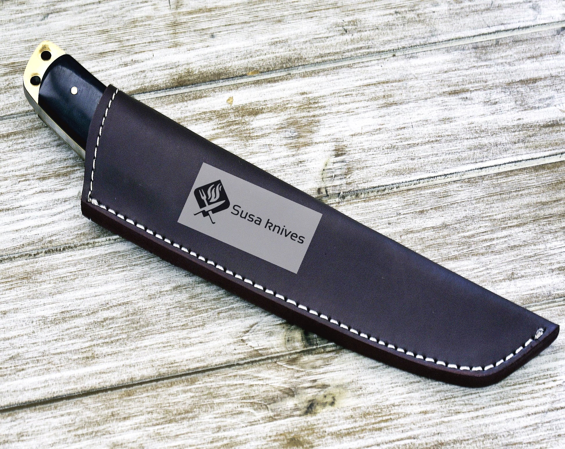 DAMASCUS KNIFE, 12" TACTICAL TANTO KNIFE, DAMASCUS STEEL TANTO POINT BLADE, BUFFALO HORN & BRASS LINED HANDLE, FULL TANG, DUAL LANYARD HOLE - SUSA KNIVES