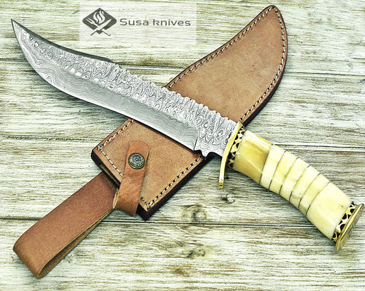 DAMASCUS KNIFE, DAMASCUS STEEL KNIFE, 14", BONE HANDLE, TRAILING POINT DAMASCUS BLADE, BRASS RIVETS SPACERS, LEATHER SHEATH INCLUDED - SUSA KNIVES