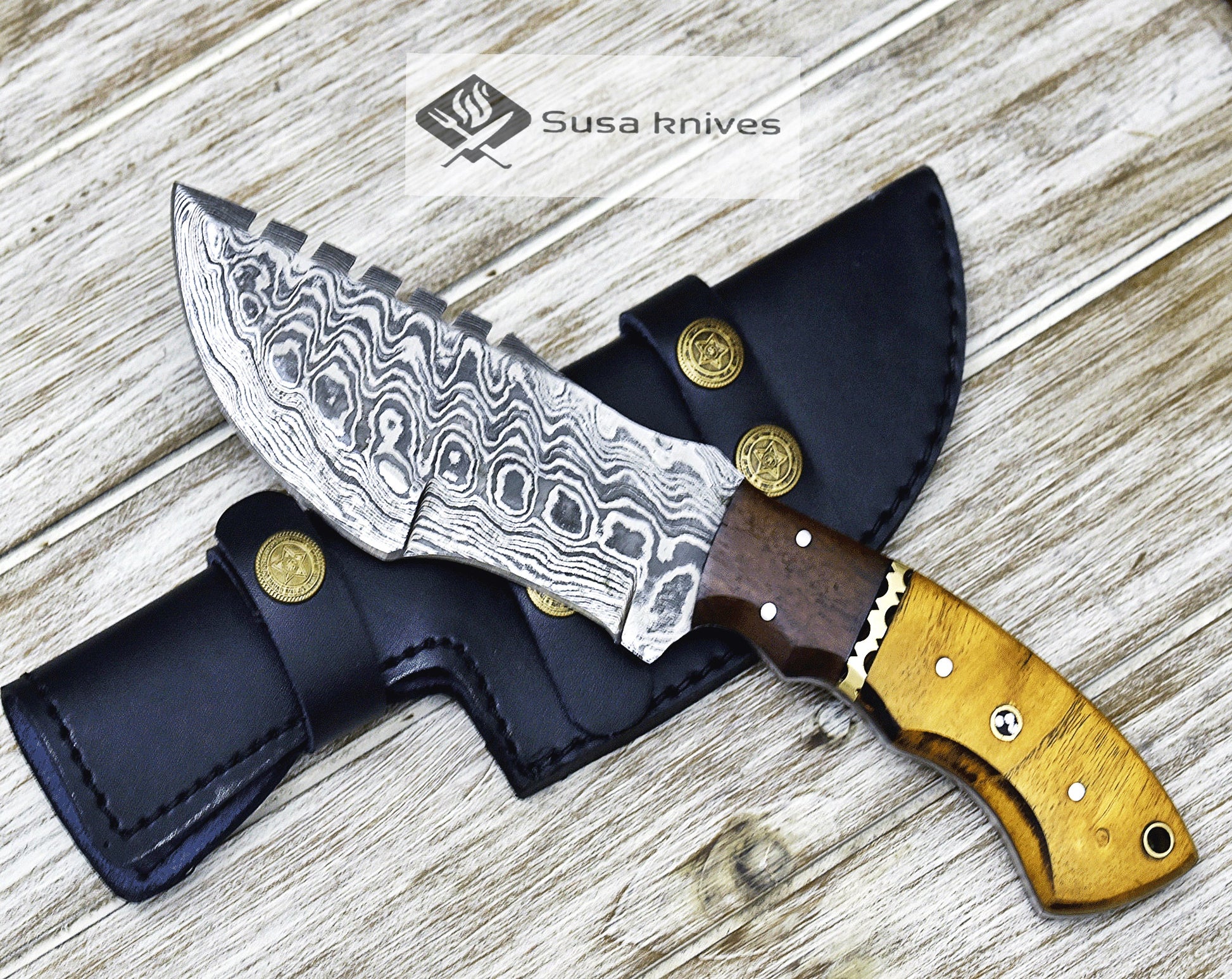 DAMASCUS KNIFE, DAMASCUS STEEL TRACKER KNIFE, 10", DAMASCUS STEEL TRACKER BLADE, EXOTIC YELLOW HEART & WALNUT WOOD HANDLE, FIXED BLADE, INCLUDES HAND STITCHED SHEATH - SUSA KNIVES