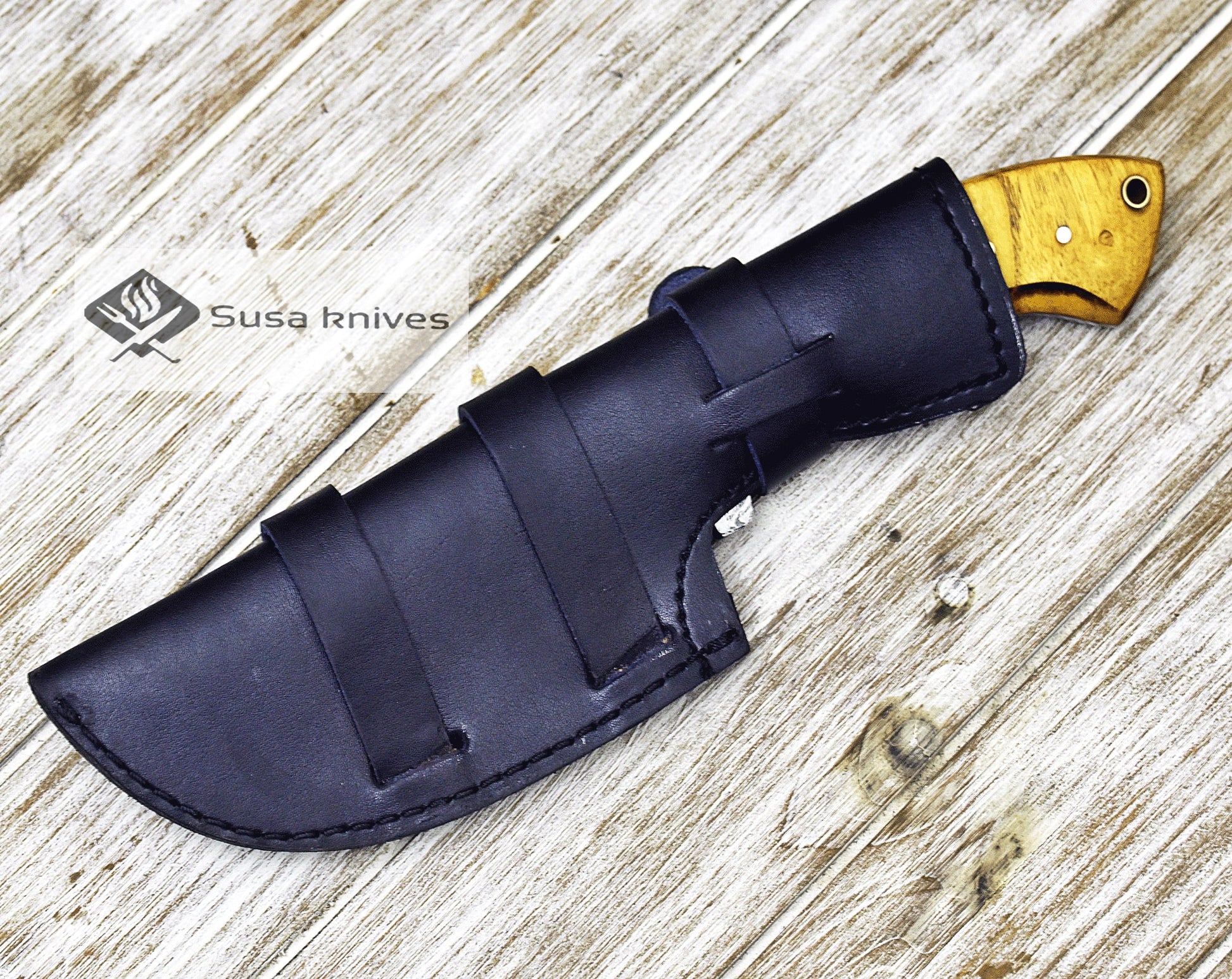 DAMASCUS KNIFE, DAMASCUS STEEL TRACKER KNIFE, 10", DAMASCUS STEEL TRACKER BLADE, EXOTIC YELLOW HEART & WALNUT WOOD HANDLE, FIXED BLADE, INCLUDES HAND STITCHED SHEATH - SUSA KNIVES
