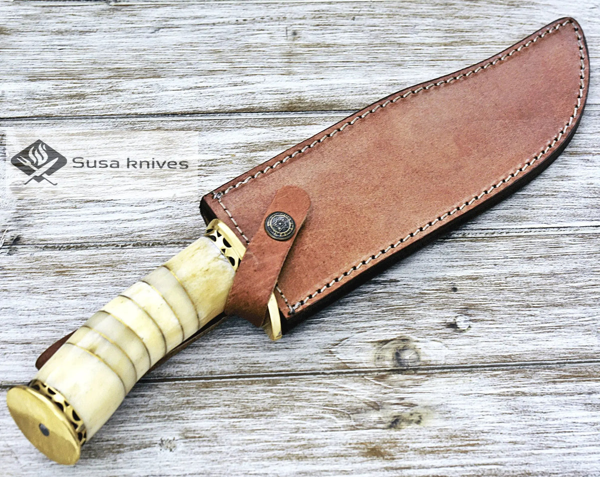 DAMASCUS KNIFE, DAMASCUS STEEL KNIFE, 14", BONE HANDLE, TRAILING POINT DAMASCUS BLADE, BRASS RIVETS SPACERS, LEATHER SHEATH INCLUDED - SUSA KNIVES