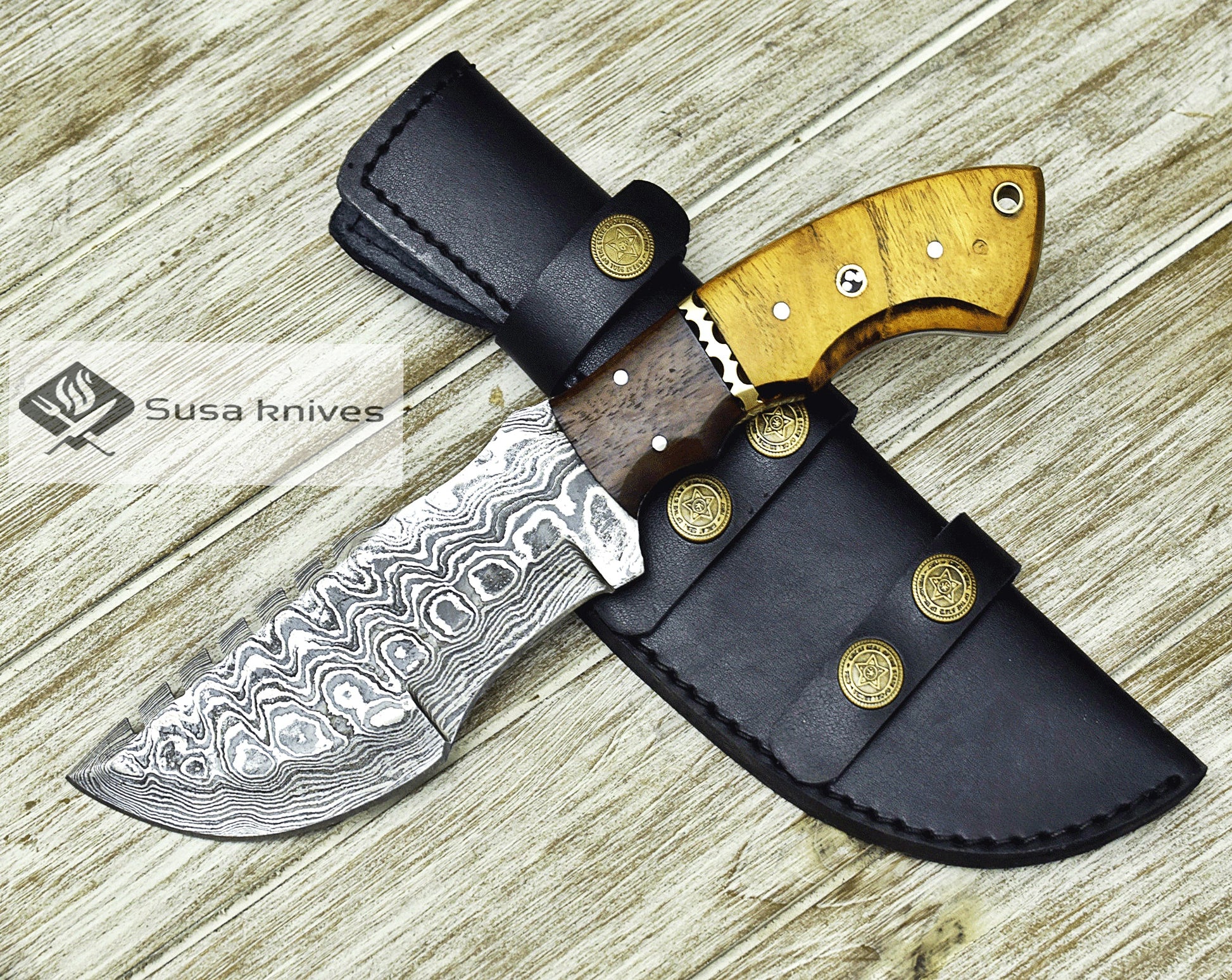 DAMASCUS KNIFE, DAMASCUS STEEL TRACKER KNIFE, 10", DAMASCUS STEEL TRACKER BLADE, EXOTIC YELLOW HEART & WALNUT WOOD HANDLE, FIXED BLADE, INCLUDES HAND STITCHED SHEATH - SUSA KNIVES