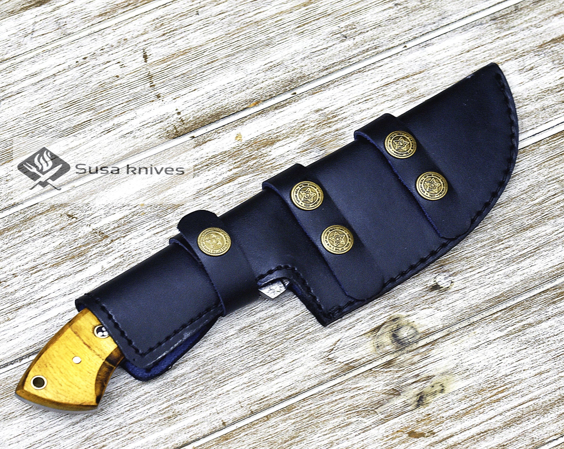 DAMASCUS KNIFE, DAMASCUS STEEL TRACKER KNIFE, 10", DAMASCUS STEEL TRACKER BLADE, EXOTIC YELLOW HEART & WALNUT WOOD HANDLE, FIXED BLADE, INCLUDES HAND STITCHED SHEATH - SUSA KNIVES