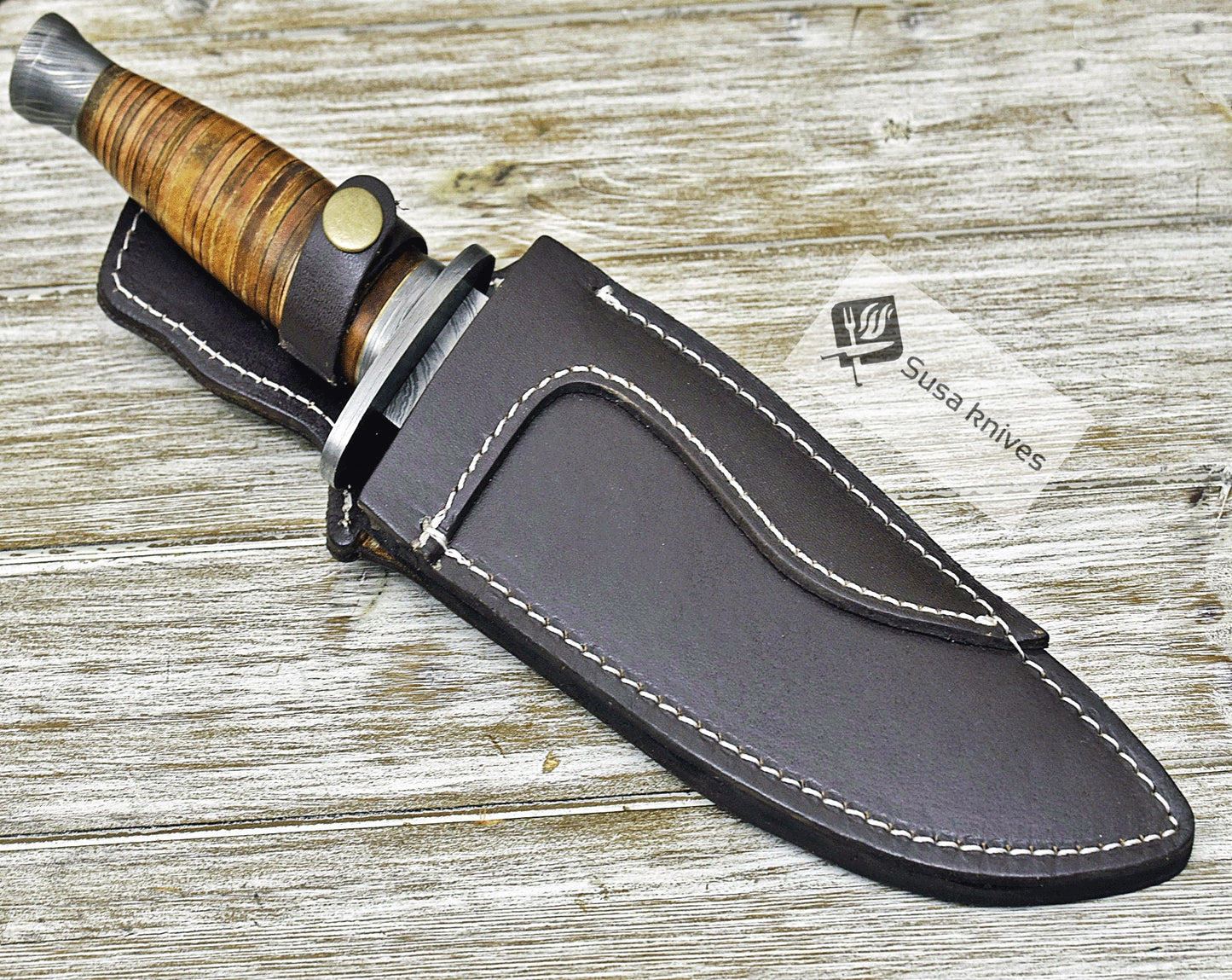 DAMASCUS STEEL BOWIE KNIFE, 12", DAMASCUS STEEL TRAILING POINT BOWIE KNIFE, STACKED LEATHER HANDLE, DAMASCUS GUARD & POMMEL, FIXED BLADE, FULL TANG - SUSA KNIVES