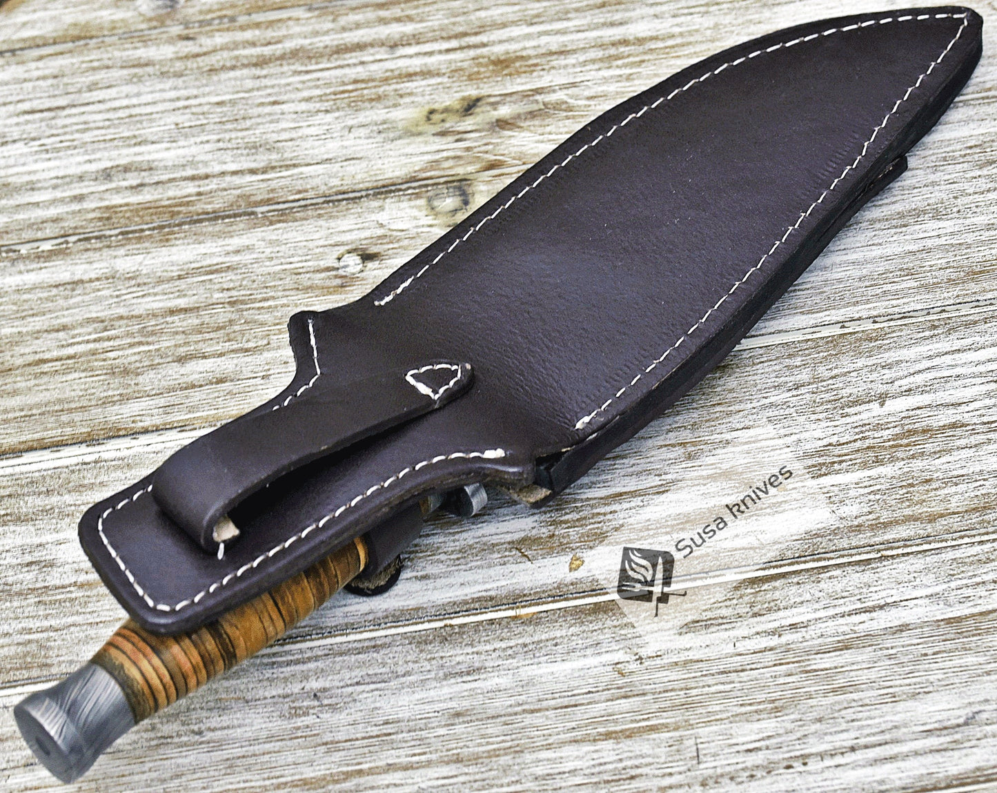 DAMASCUS STEEL BOWIE KNIFE, 12", DAMASCUS STEEL TRAILING POINT BOWIE KNIFE, STACKED LEATHER HANDLE, DAMASCUS GUARD & POMMEL, FIXED BLADE, FULL TANG - SUSA KNIVES