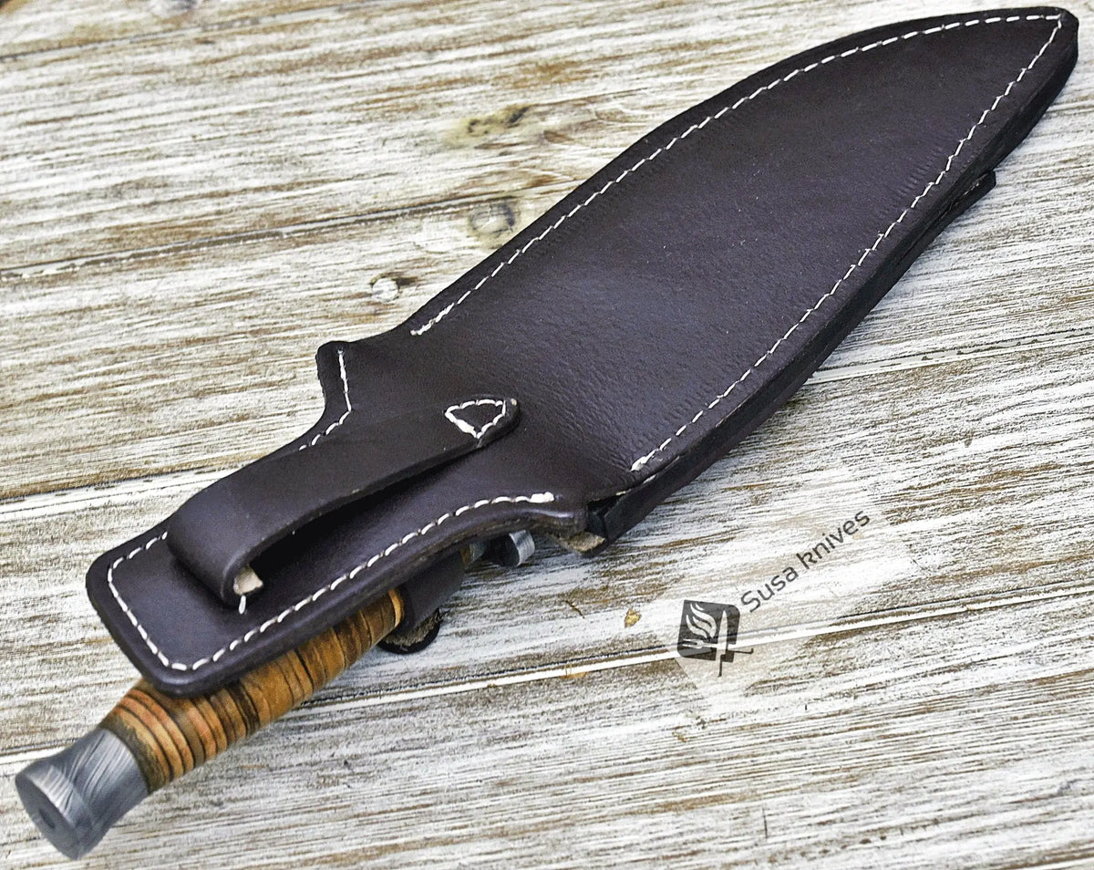 DAMASCUS STEEL BOWIE KNIFE, 12", DAMASCUS STEEL TRAILING POINT BOWIE KNIFE, STACKED LEATHER HANDLE, DAMASCUS GUARD & POMMEL, FIXED BLADE, FULL TANG - SUSA KNIVES