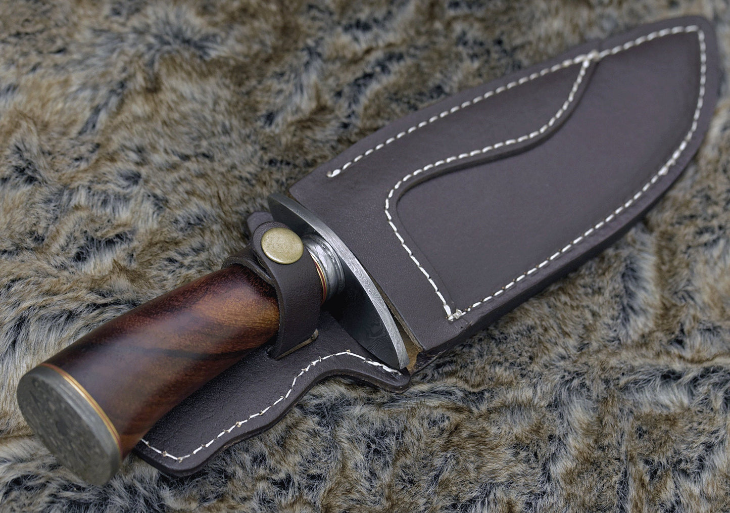 DAMASCUS STEEL BOWIE KNIFE, 12.0", DAMASCUS STEEL DROP POINT GUT HOOK BLADE, HIGHLY FIGURED BOLIVIAN ROSE WOOD HANDLE, DAMASCUS GUARD, FIXED BLADE, FULL TANG, HAND STITCHED LEATHER SHEATH - SUSA KNIVES