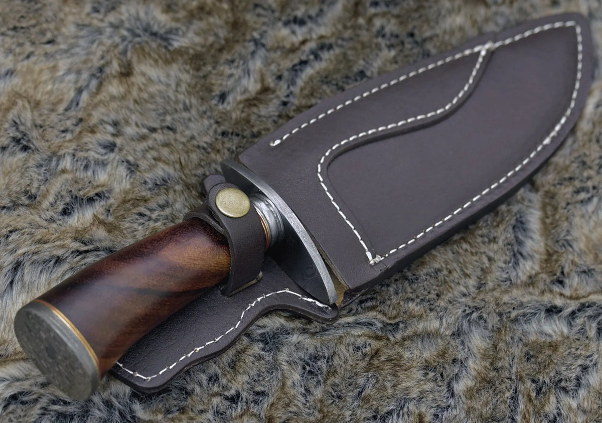 DAMASCUS STEEL BOWIE KNIFE, 12.0", DAMASCUS STEEL DROP POINT GUT HOOK BLADE, HIGHLY FIGURED BOLIVIAN ROSE WOOD HANDLE, DAMASCUS GUARD, FIXED BLADE, FULL TANG, HAND STITCHED LEATHER SHEATH - SUSA KNIVES
