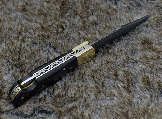 DAMASCUS FOLDING KNIFE, DAMASCUS POCKET KNIFE, CUSTOM DAMASCUS FOLDER, CLIP POINT BLADE, LOCK BACK FOLDING KNIFE, EXOTIC WENGE WOOD SCALES, HAND CARVED SPINE, LANYARD HOLE, HAND STITCHED LEATHER SHEATH - SUSA KNIVES