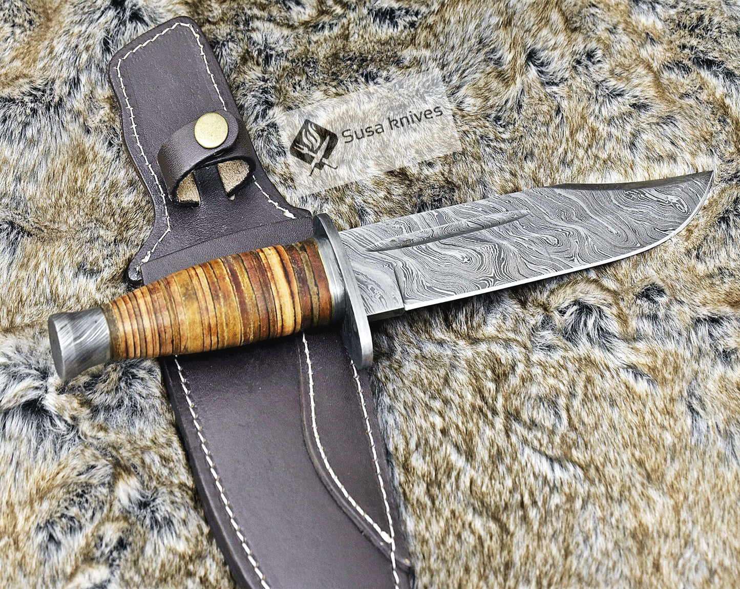 DAMASCUS STEEL BOWIE KNIFE, 12", DAMASCUS STEEL TRAILING POINT BOWIE KNIFE, STACKED LEATHER HANDLE, DAMASCUS GUARD & POMMEL, FIXED BLADE, FULL TANG - SUSA KNIVES
