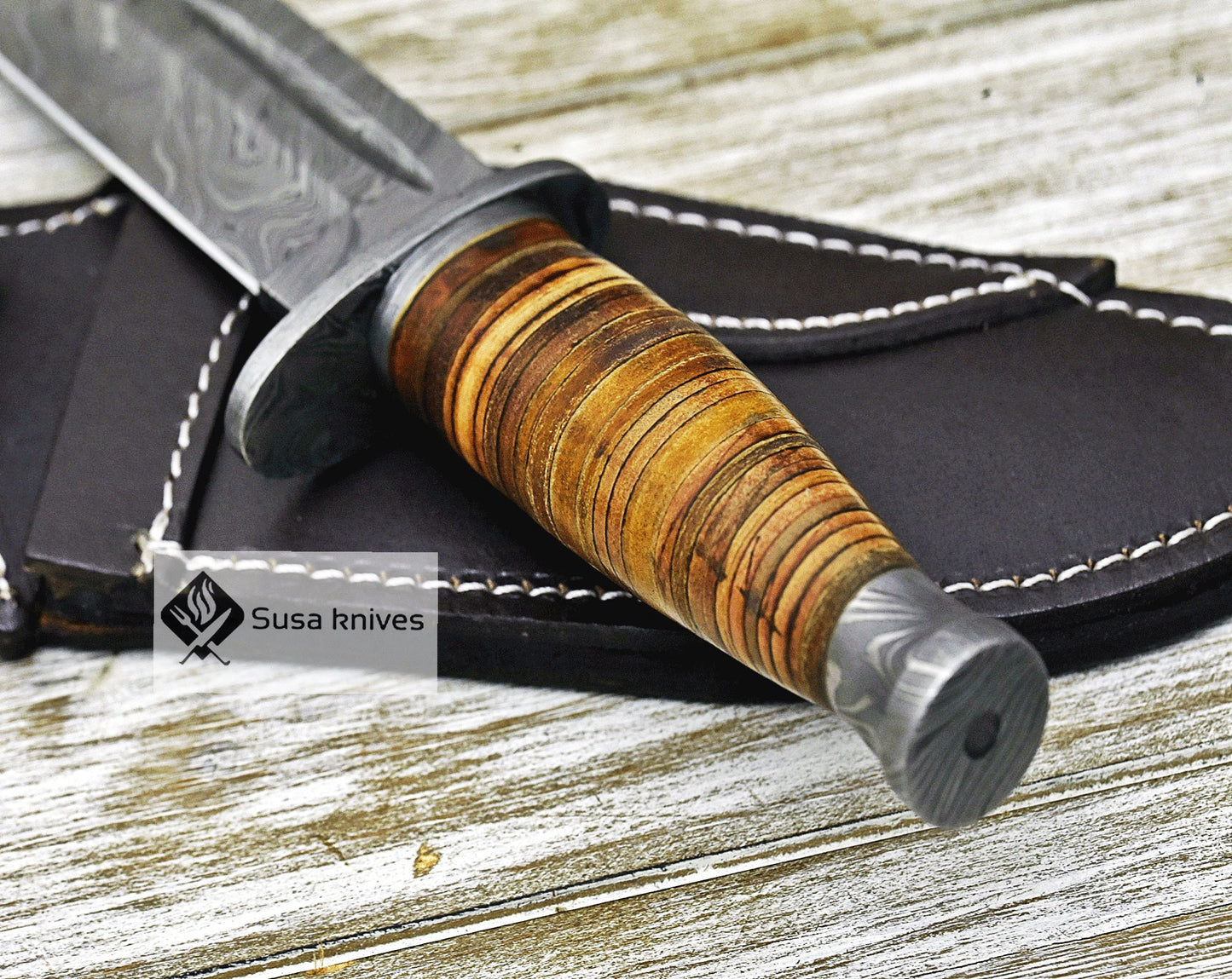 DAMASCUS STEEL BOWIE KNIFE, 12", DAMASCUS STEEL TRAILING POINT BOWIE KNIFE, STACKED LEATHER HANDLE, DAMASCUS GUARD & POMMEL, FIXED BLADE, FULL TANG - SUSA KNIVES