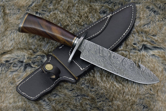 DAMASCUS STEEL BOWIE KNIFE, 12.0", DAMASCUS STEEL DROP POINT GUT HOOK BLADE, HIGHLY FIGURED BOLIVIAN ROSE WOOD HANDLE, DAMASCUS GUARD, FIXED BLADE, FULL TANG, HAND STITCHED LEATHER SHEATH - SUSA KNIVES