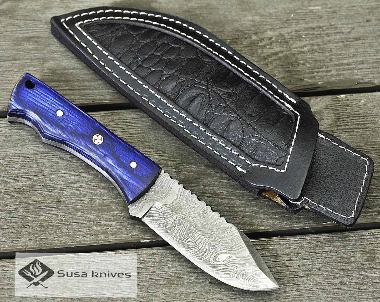 DAMASCUS STEEL SKINNING KNIFE, 8", DAMASCUS STEEL CLIP POINT BLADE, PEKKAWOOD HANDLE, FIXED BLADE, FULL TANG, LANYARD HOLE, HAND STITCHED LEATHER SHEATH, RAZOR SHARP. - SUSA KNIVES