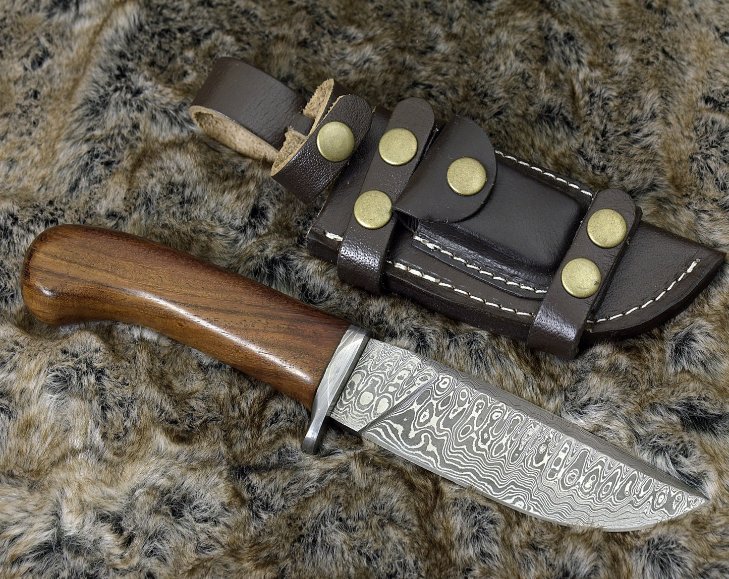 DAMASCUS STEEL BOWIE KNIFE, 10.0", DAMASCUS STEEL STRAIGHT BACK BLADE, HIGHLY FIGURED BOLIVIAN ROSE WOOD, DAMASCUS GUARD, FIXED BLADE, FULL TANG, HAND STITCHED LEATHER SHEATH - SUSA KNIVES
