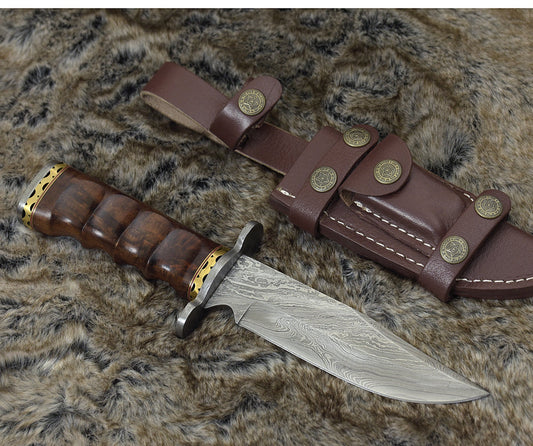 DAMASCUS STEEL BOWIE KNIFE, 11.0", DAMASCUS STEEL CLIP POINT BLADE, HIGHLY FIGURED BOLIVIAN ROSE WOOD HANDLE, DAMASCUS GUARD, FIXED BLADE, FULL TANG, HAND STITCHED LEATHER SHEATH - SUSA KNIVES