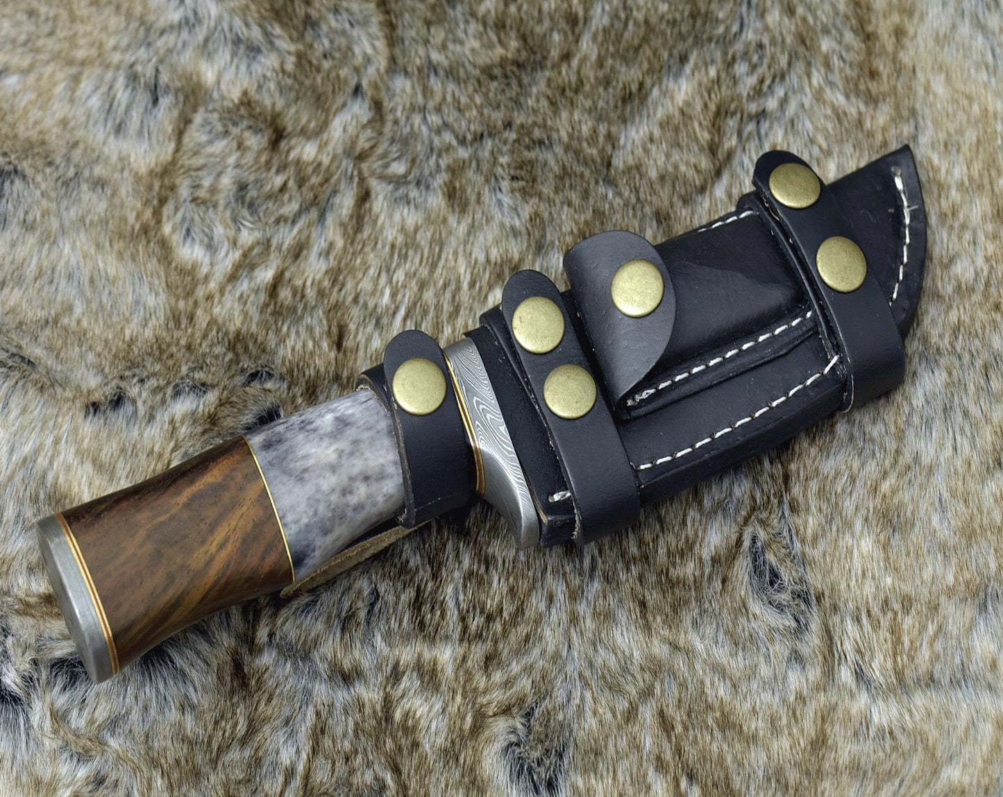 DAMASCUS STEEL BOWIE KNIFE, 10.0", DAMASCUS STEEL STRAIGHT BACK BLADE, HIGHLY FIGURED BOLIVIAN ROSE WOOD, DAMASCUS GUARD, FIXED BLADE, FULL TANG, HAND STITCHED LEATHER SHEATH - SUSA KNIVES