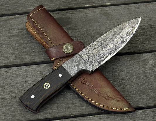 DAMASCUS STEEL SKINNING KNIFE, 8.0", DAMASCUS STEEL DROP POINT BLADE, EXOTIC WENGE WOOD HANDLE, DAMASCUS GUARD, FIXED BLADE, FULL TANG - SUSA KNIVES