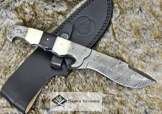 DAMASCUS KNIFE, DAMASCUS STEEL HUNTING KNIFE, 10", DAMASCUS STEEL KUKRI BLADE, EXOTIC CAMEL BONE & BULL HORN KOPESH HANDLE, FIXED BLADE, INCLUDES HAND STITCHED SHEATH - SUSA KNIVES