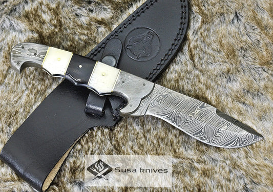 DAMASCUS KNIFE, DAMASCUS STEEL HUNTING KNIFE, 10", DAMASCUS STEEL KUKRI BLADE, EXOTIC CAMEL BONE & BULL HORN KOPESH HANDLE, FIXED BLADE, INCLUDES HAND STITCHED SHEATH - SUSA KNIVES
