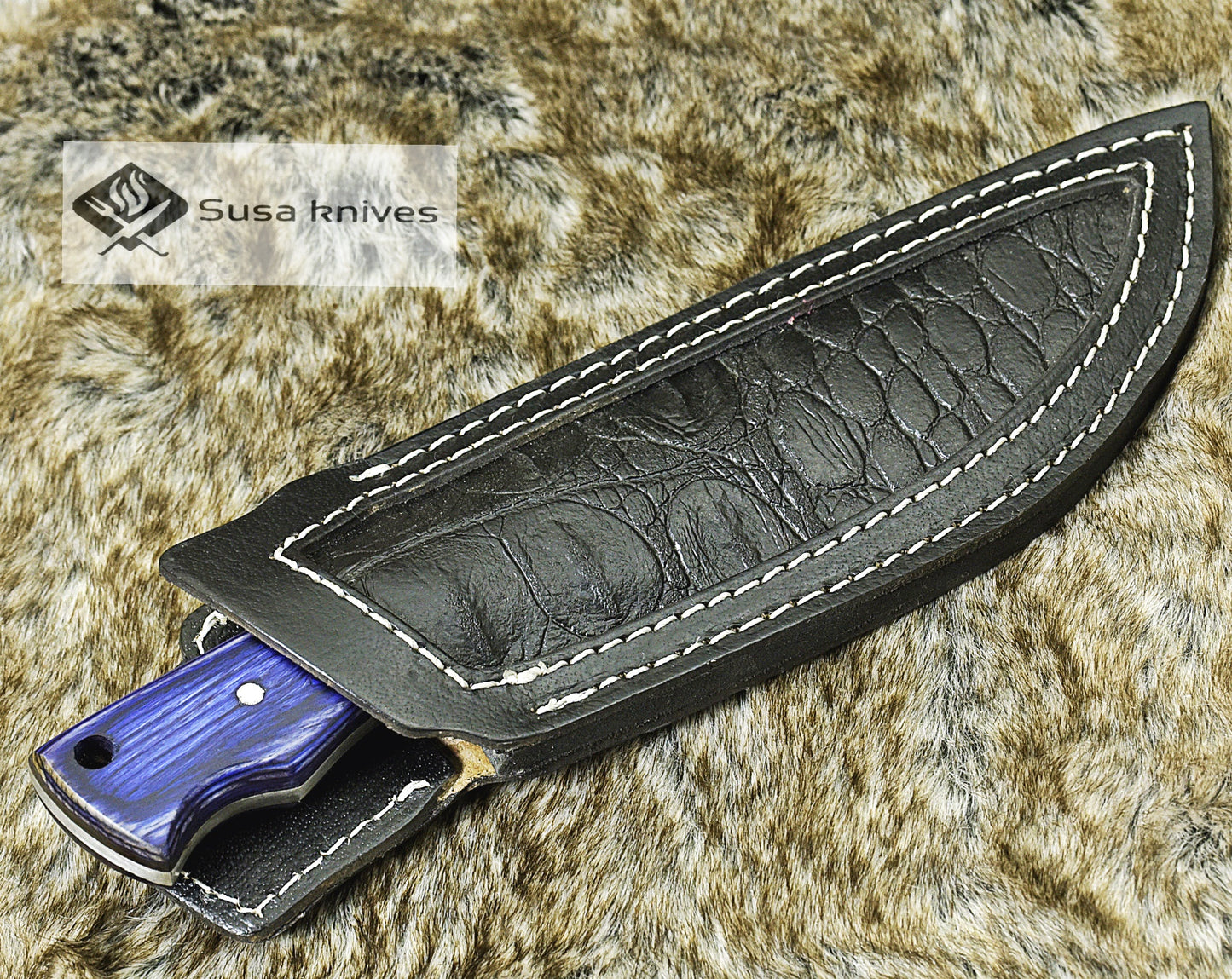 DAMASCUS STEEL SKINNING KNIFE, 8", DAMASCUS STEEL CLIP POINT BLADE, PEKKAWOOD HANDLE, FIXED BLADE, FULL TANG, LANYARD HOLE, HAND STITCHED LEATHER SHEATH, RAZOR SHARP. - SUSA KNIVES