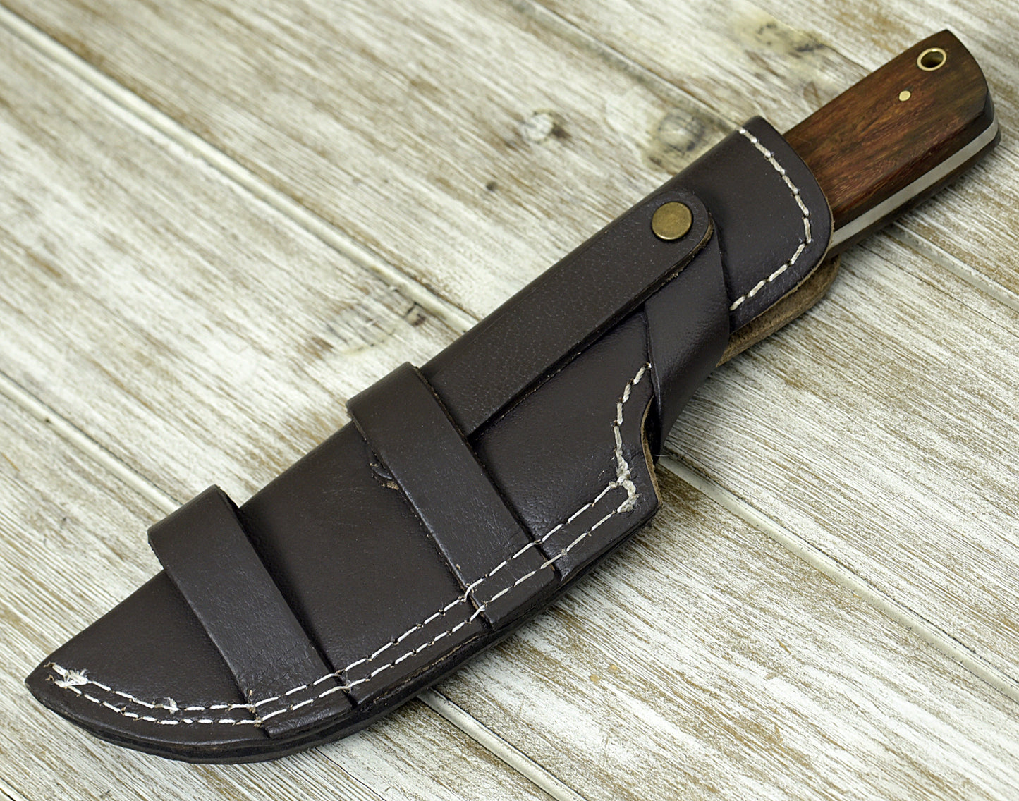 DAMASCUS KNIFE, DAMASCUS STEEL SKINNING KNIFE, 9", DAMASCUS STEEL CLIP POINT BLADE, EXOTIC ROSE WOOD HANDLE, FIXED BLADE, INCLUDES HAND STITCHED SHEATH - SUSA KNIVES