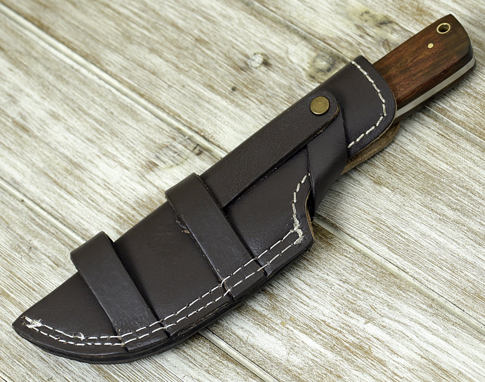 DAMASCUS KNIFE, DAMASCUS STEEL SKINNING KNIFE, 9", DAMASCUS STEEL CLIP POINT BLADE, EXOTIC ROSE WOOD HANDLE, FIXED BLADE, INCLUDES HAND STITCHED SHEATH - SUSA KNIVES