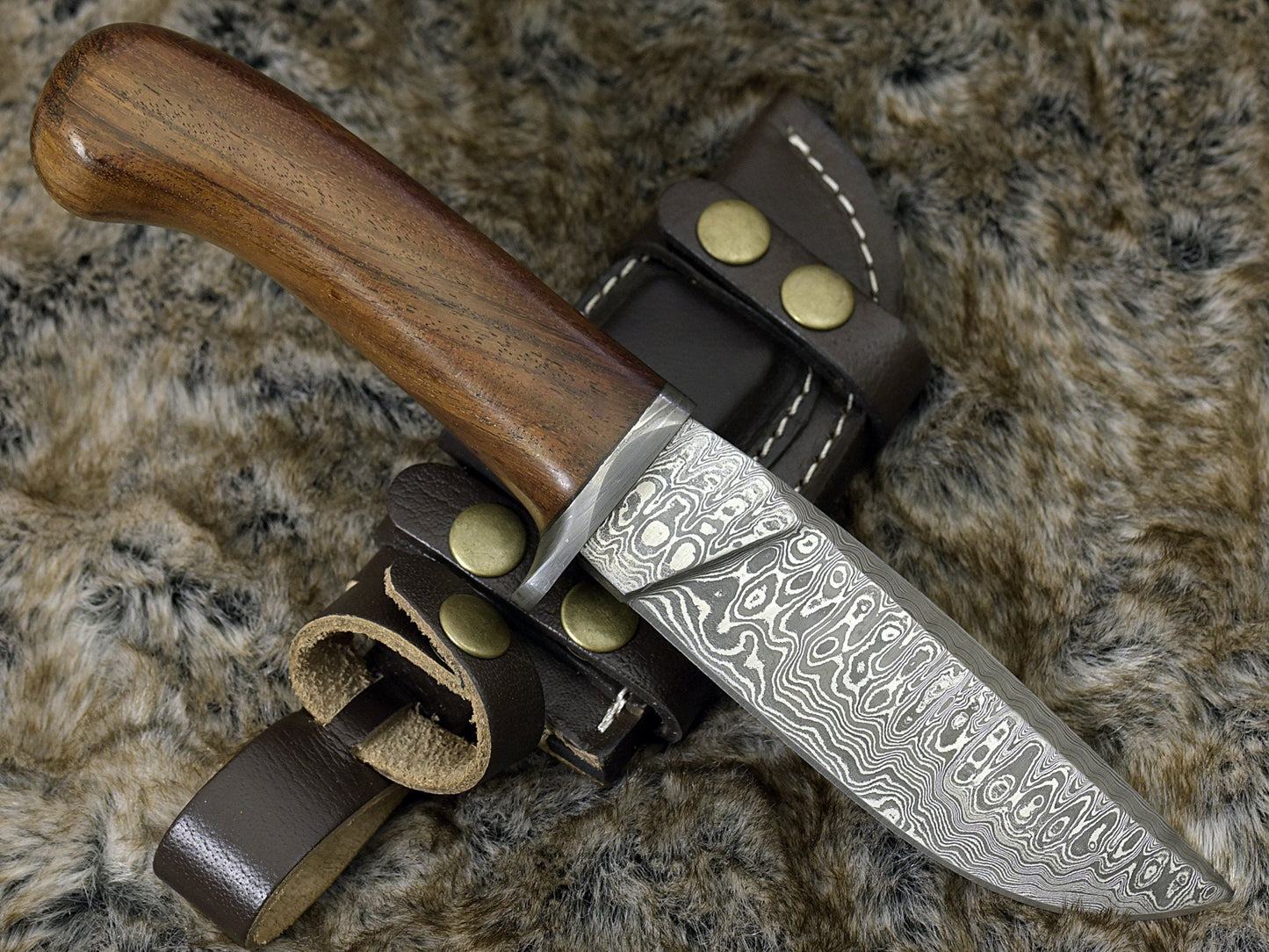 DAMASCUS STEEL BOWIE KNIFE, 10.0", DAMASCUS STEEL STRAIGHT BACK BLADE, HIGHLY FIGURED BOLIVIAN ROSE WOOD, DAMASCUS GUARD, FIXED BLADE, FULL TANG, HAND STITCHED LEATHER SHEATH - SUSA KNIVES