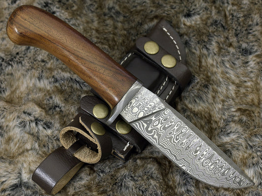 DAMASCUS STEEL BOWIE KNIFE, 10.0", DAMASCUS STEEL STRAIGHT BACK BLADE, HIGHLY FIGURED BOLIVIAN ROSE WOOD, DAMASCUS GUARD, FIXED BLADE, FULL TANG, HAND STITCHED LEATHER SHEATH - SUSA KNIVES