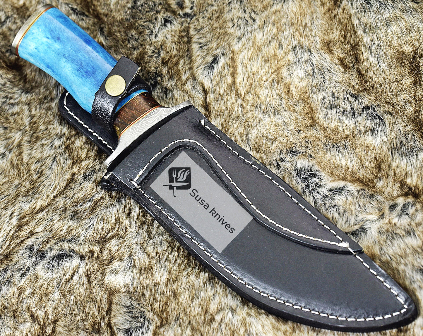 DAMASCUS STEEL BOWIE KNIFE, 12", DAMASCUS STEEL TRAILING POINT BLADE, BOWIE KNIFE , CAMEL BONE HANDLE, DAMASCUS GUARD & POMMEL, FIXED BLADE, FULL TANG - SUSA KNIVES