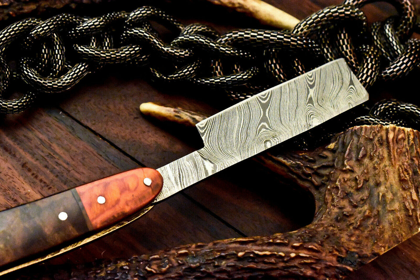 Custom Handmade Damascus Steel Blade Barber Folding Razor | Hard Wood - SUSA KNIVES
