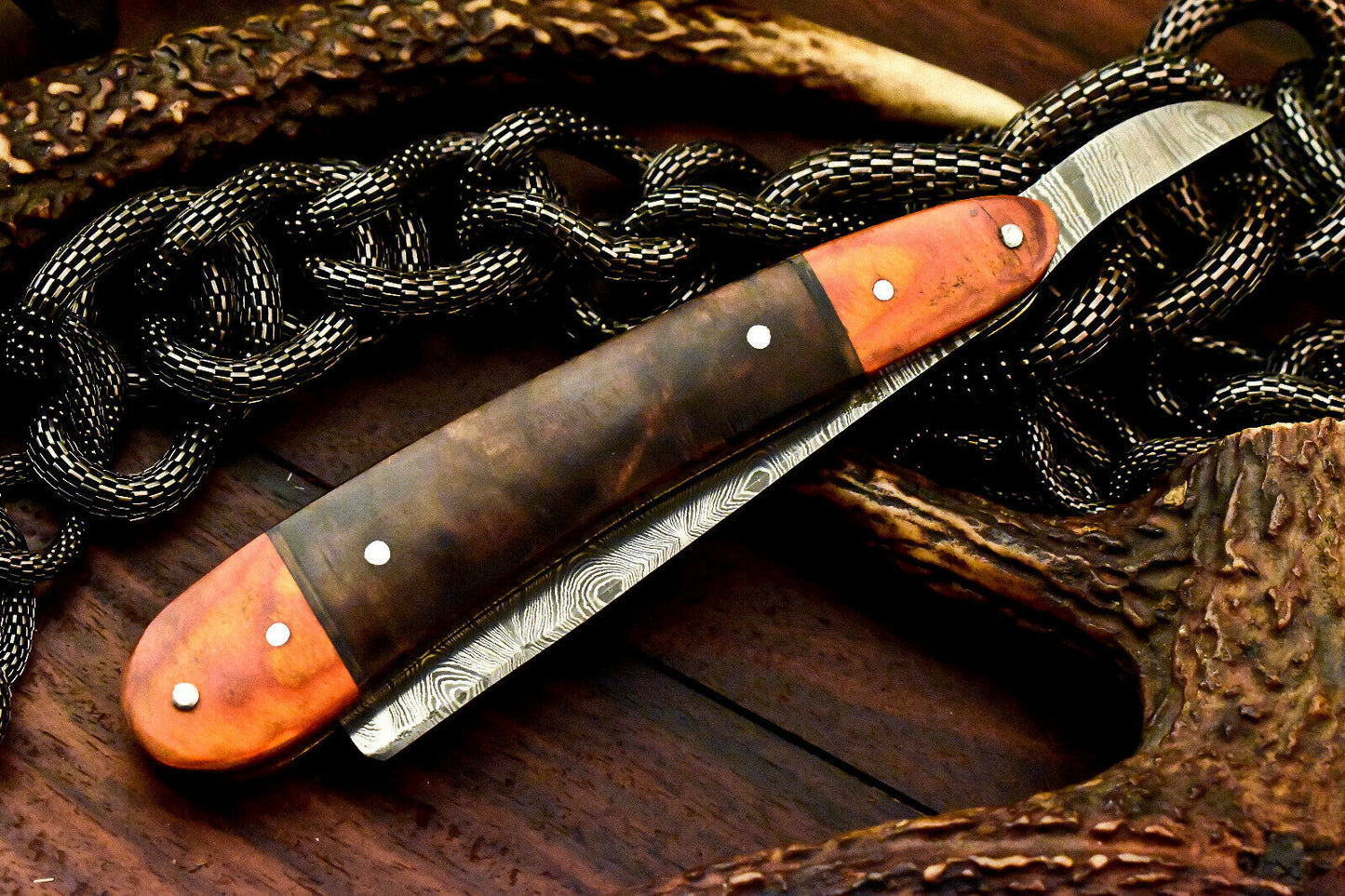 Custom Handmade Damascus Steel Blade Barber Folding Razor | Hard Wood - SUSA KNIVES
