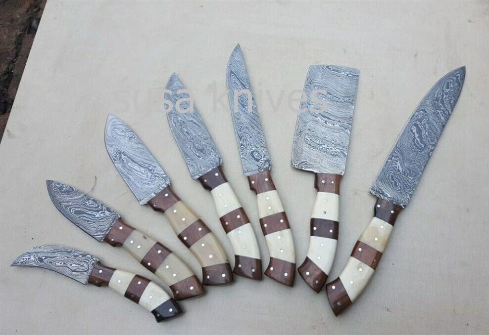 Customized Handmade Damascus sharp kitchen knife 7 pcs set - SUSA KNIVES