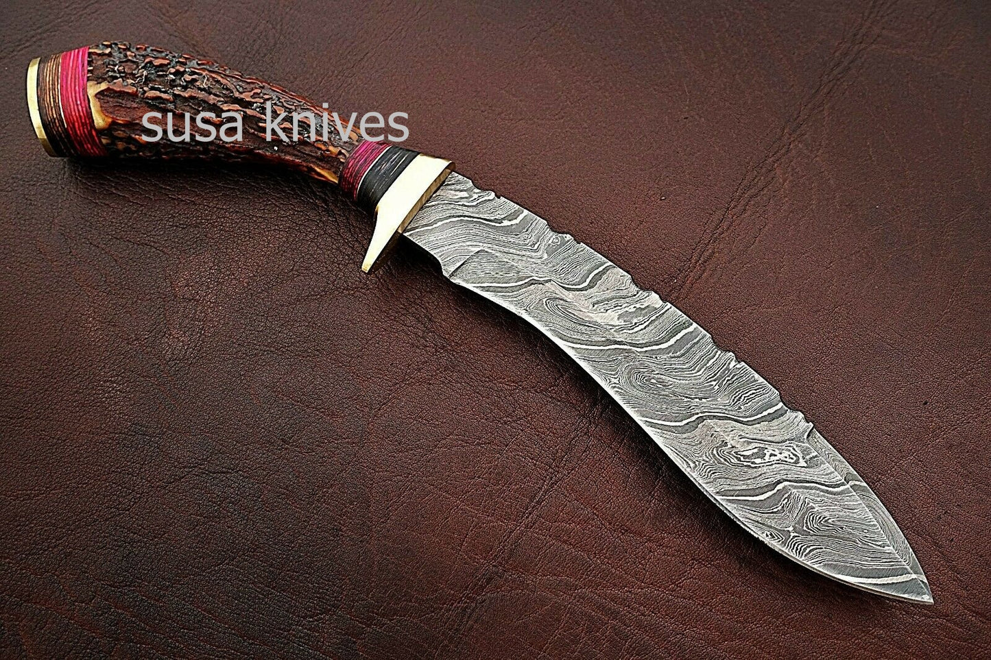 Custom Handmade Damascus Steel Kukri Style Hunting Knife with Stag Handle - SUSA KNIVES