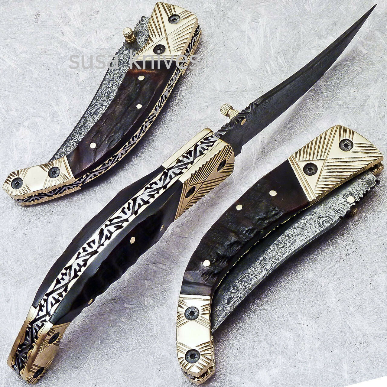 SUPERB CUSTOM HANDMADE DAMASCUS STEEL POCKET FOLDING KNIFE LINER LOCK - SUSA KNIVES