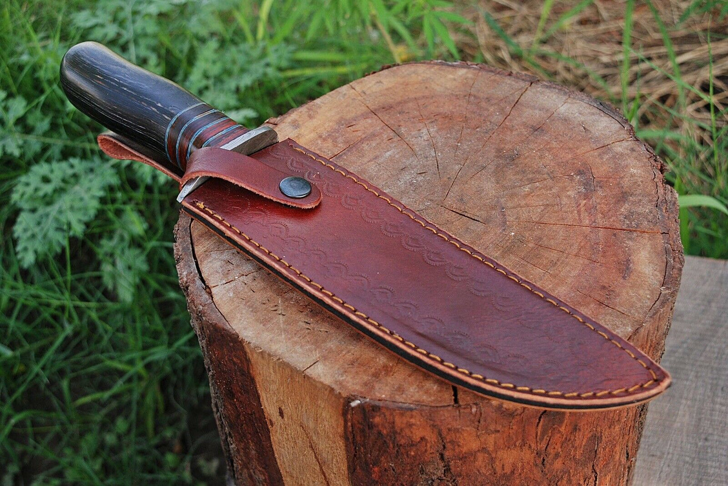 13”inch HAND FORGED DAMASCUS STEEL Hunting Knife Bowie W/ Leather Sheath - SUSA KNIVES
