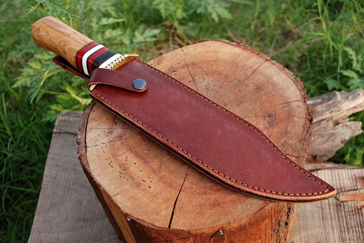 13 Inch”HAND FORGED DAMASCUS STEEL Hunting Bowie Knife w/Olive Wood Handle - SUSA KNIVES