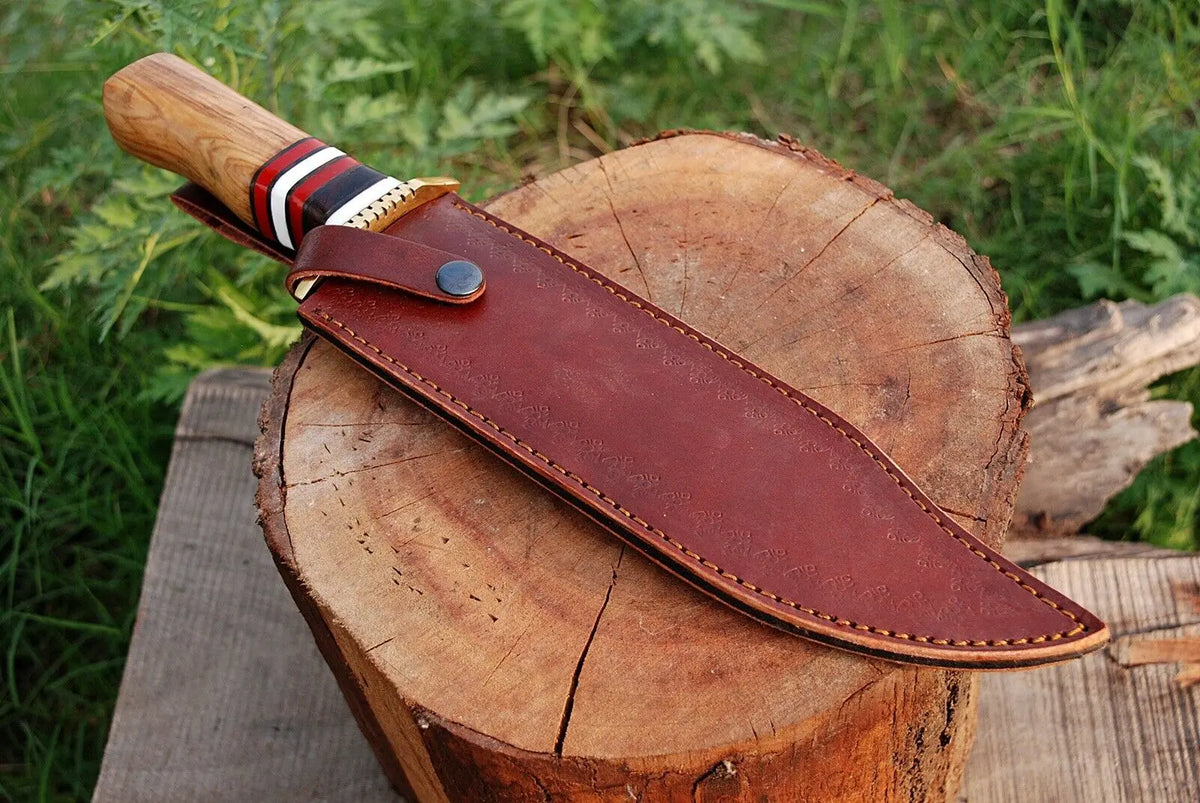 13 Inch”HAND FORGED DAMASCUS STEEL Hunting Bowie Knife w/Olive Wood Handle - SUSA KNIVES