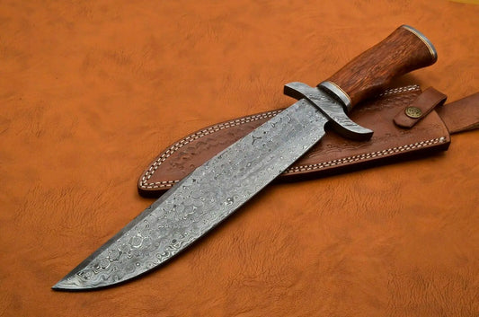 HANDMADE DAMASCUS STEEL HUNTING BOWIE/DAGGER KNIFE HANDLE ROSE WOOD - SUSA KNIVES