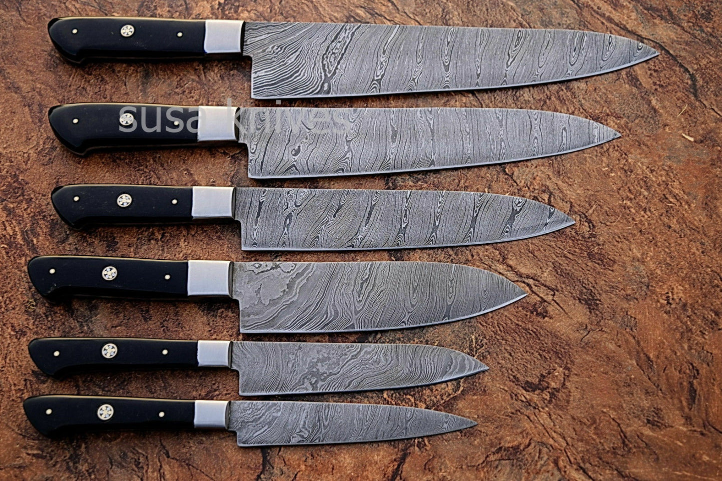CUSTOM MADE DAMASCUS BLADE 6Pcs. CHEF/KITCHEN KNIVES SET - SUSA KNIVES