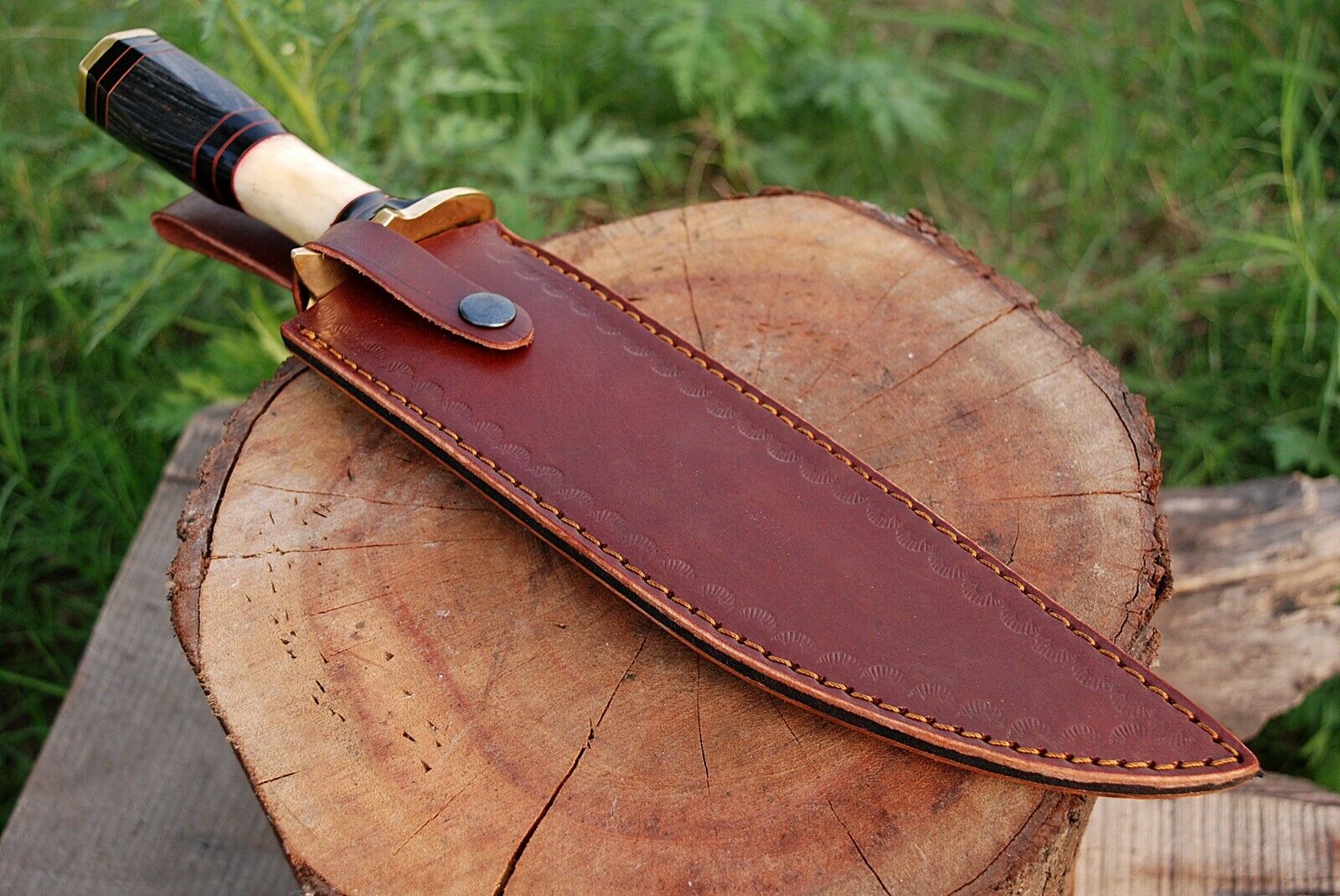 13 Inch”HAND FORGED DAMASCUS STEEL Hunting Bowie Knife w/Wood & Bone Handle - SUSA KNIVES