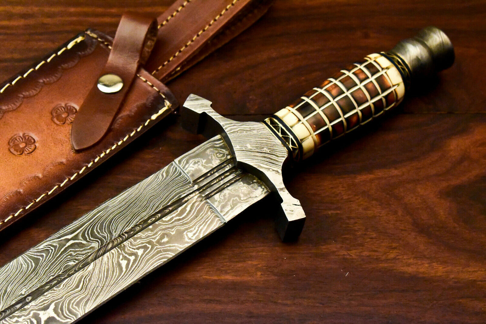 Custom Handmade Damascus Sword Dagger Double Edge Knife - SUSA KNIVES